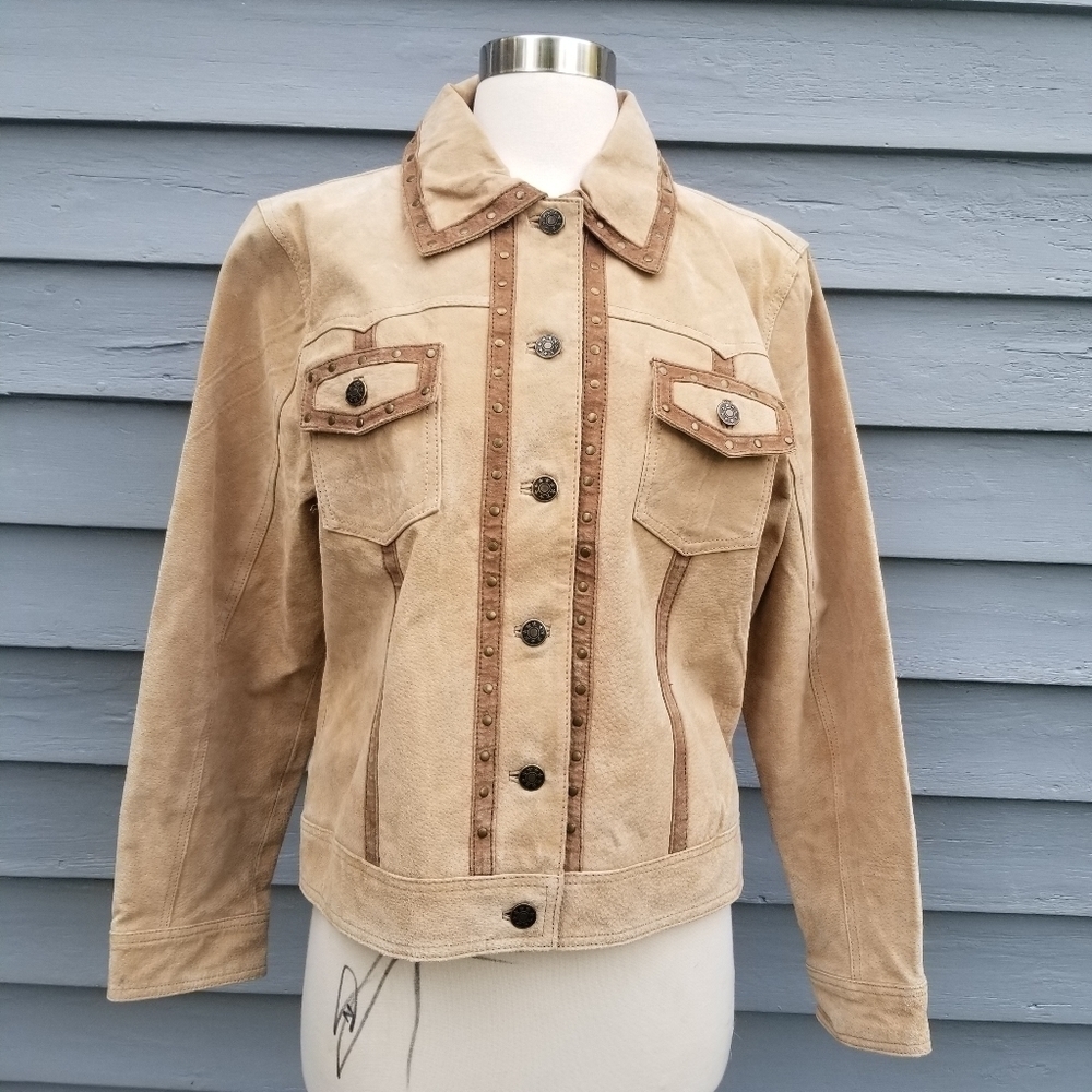 Vintage 90s y2k Tan Brown Suede Leather Boho Western Cowgirl Studded Jacket Md